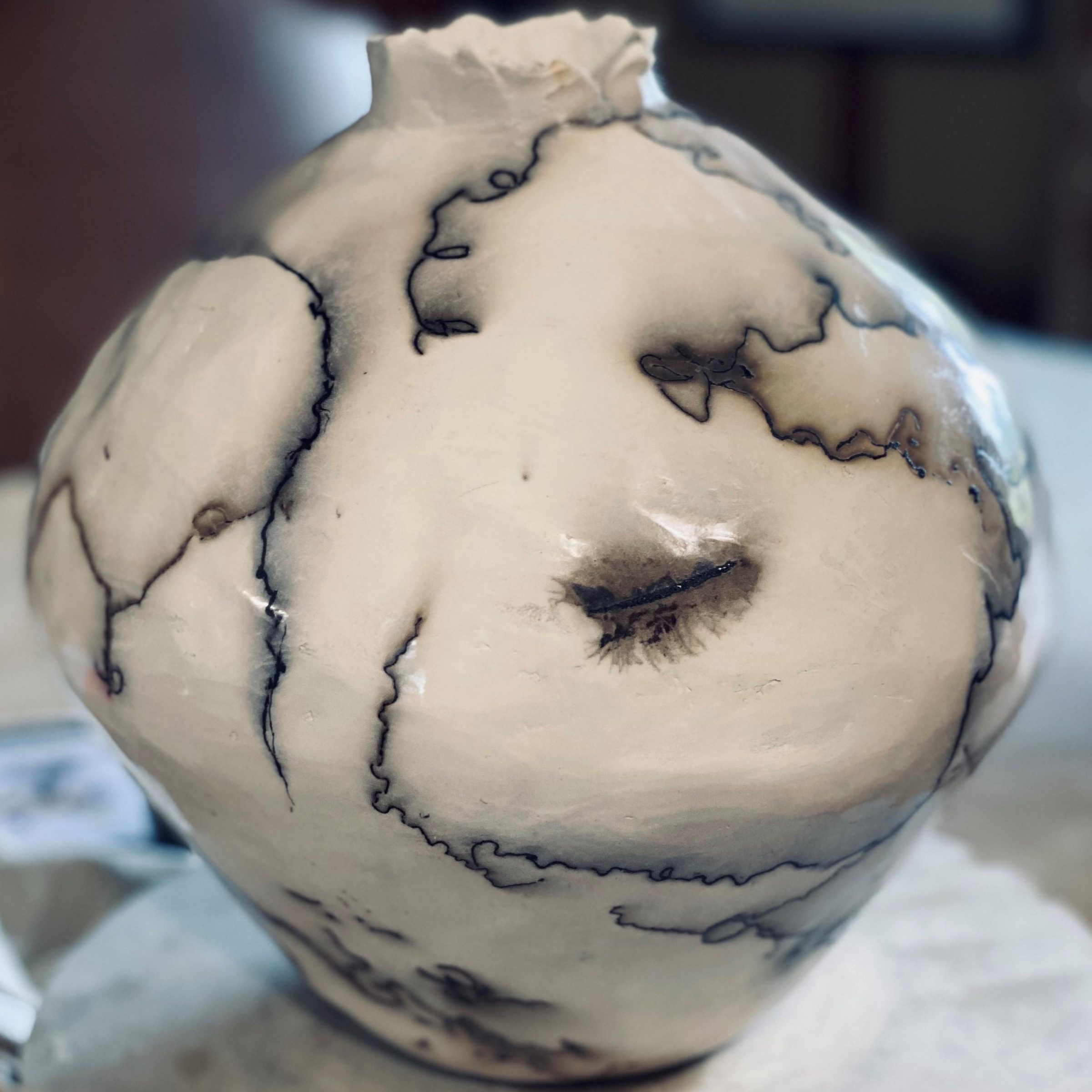 HORSE HAIR FEATHER RAKU FIRED POT